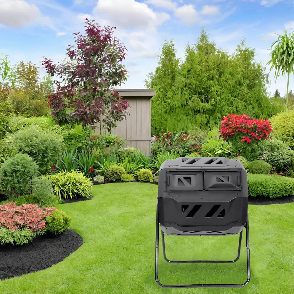 Bakyard Dual Chamber Compost Tumbler & Bin | 163L Rotating Compost Bin for Faster Garden Composting | Sliding Doors & Solid Steel Frame