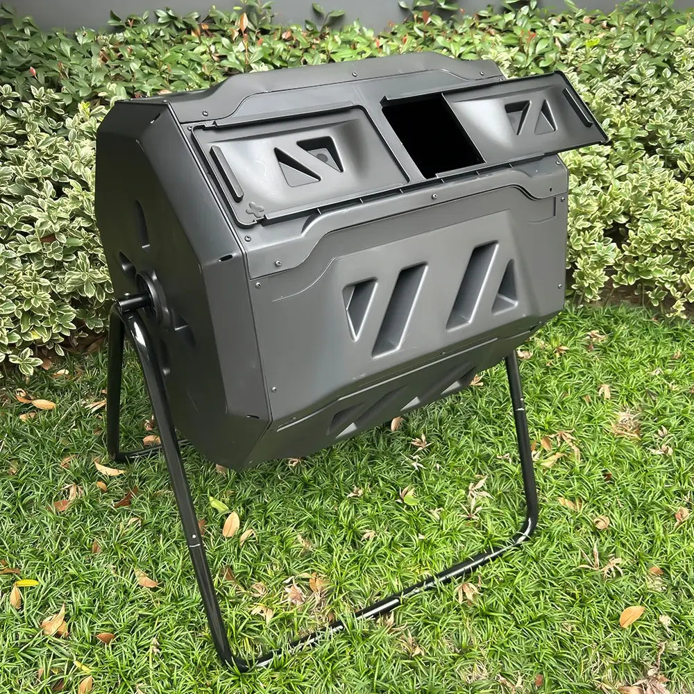 Bakyard Dual Chamber Compost Tumbler & Bin | 163L Rotating Compost Bin for Faster Garden Composting | Sliding Doors & Solid Steel Frame