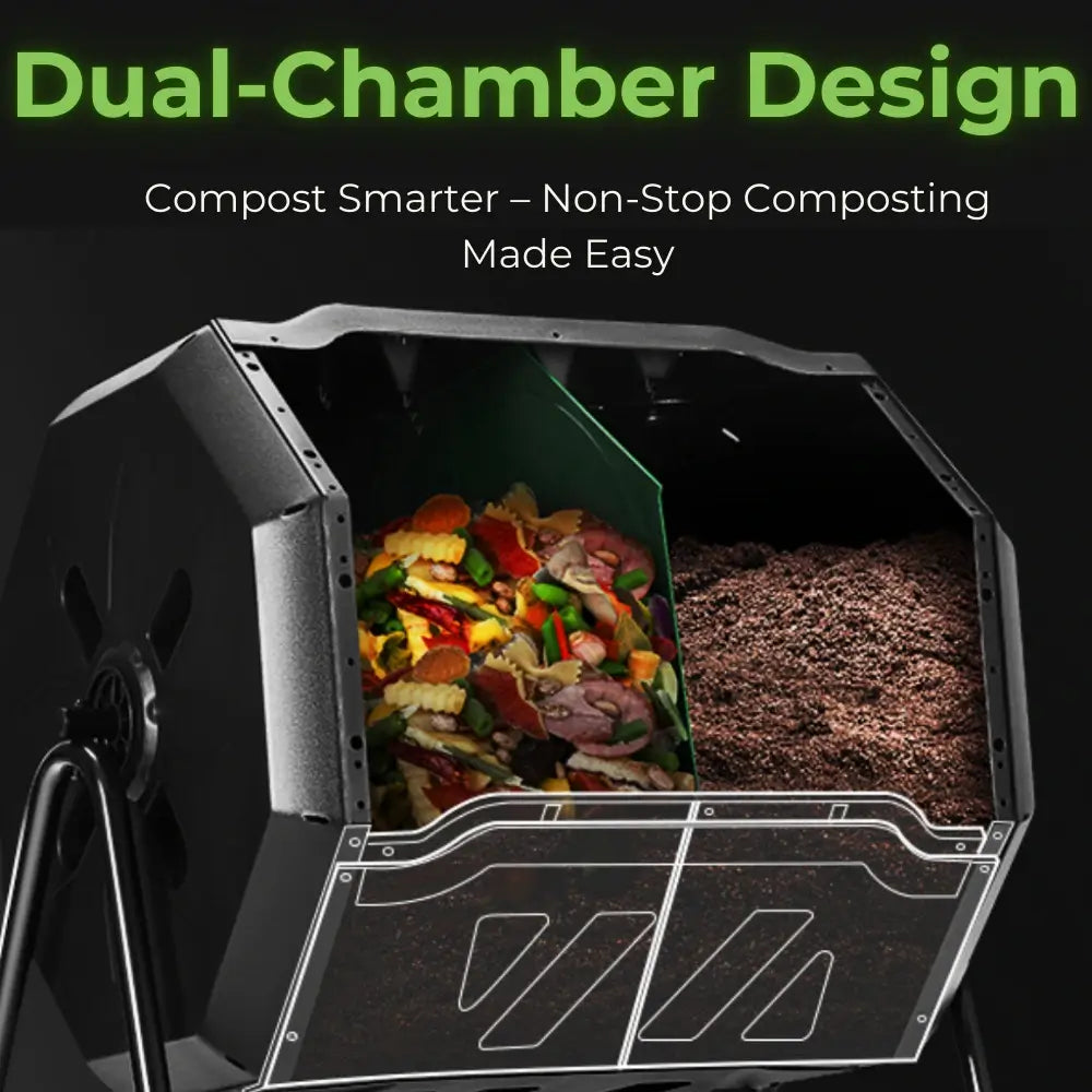Bakyard Dual Chamber Compost Tumbler & Bin | 163L Rotating Compost Bin for Faster Garden Composting | Sliding Doors & Solid Steel Frame