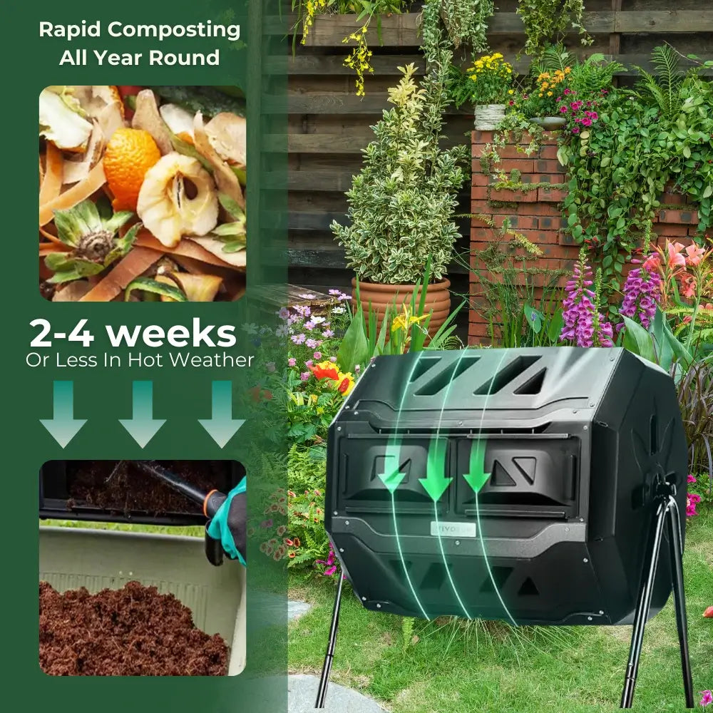 Bakyard Dual Chamber Compost Tumbler & Bin | 163L Rotating Compost Bin for Faster Garden Composting | Sliding Doors & Solid Steel Frame