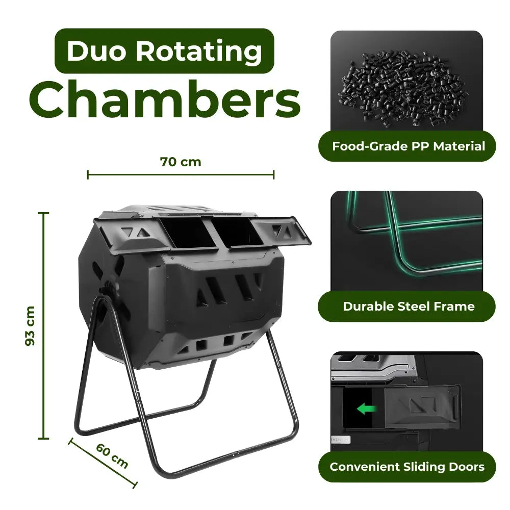 Bakyard Dual Chamber Compost Tumbler & Bin | 163L Rotating Compost Bin for Faster Garden Composting | Sliding Doors & Solid Steel Frame