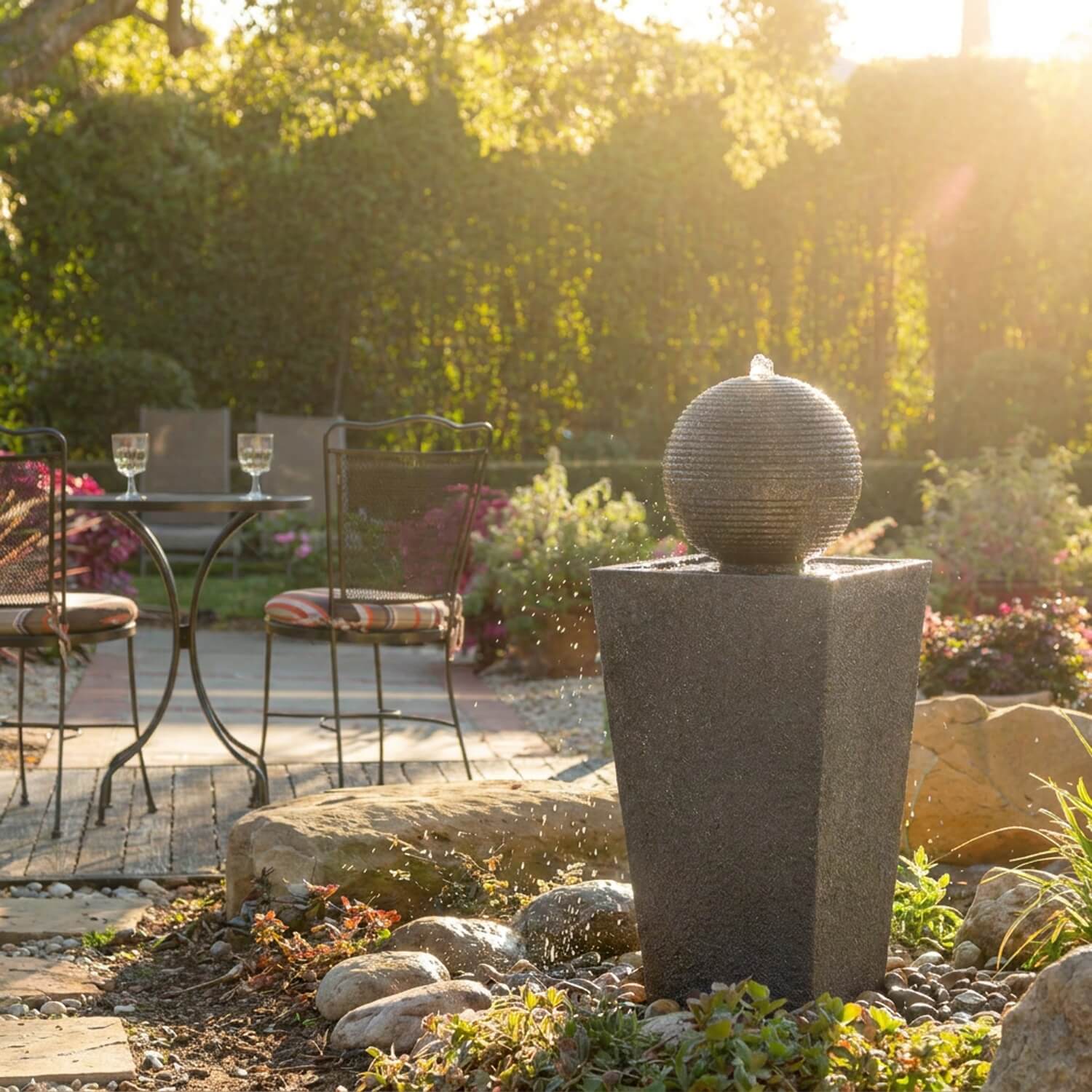 Zen Sphere water feature detail, stone-textured surface