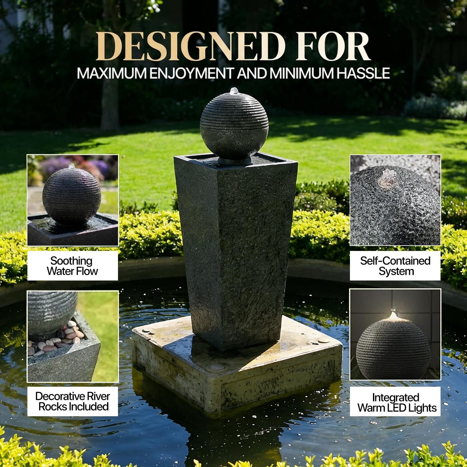 Zen Sphere water feature with water running over the sphere