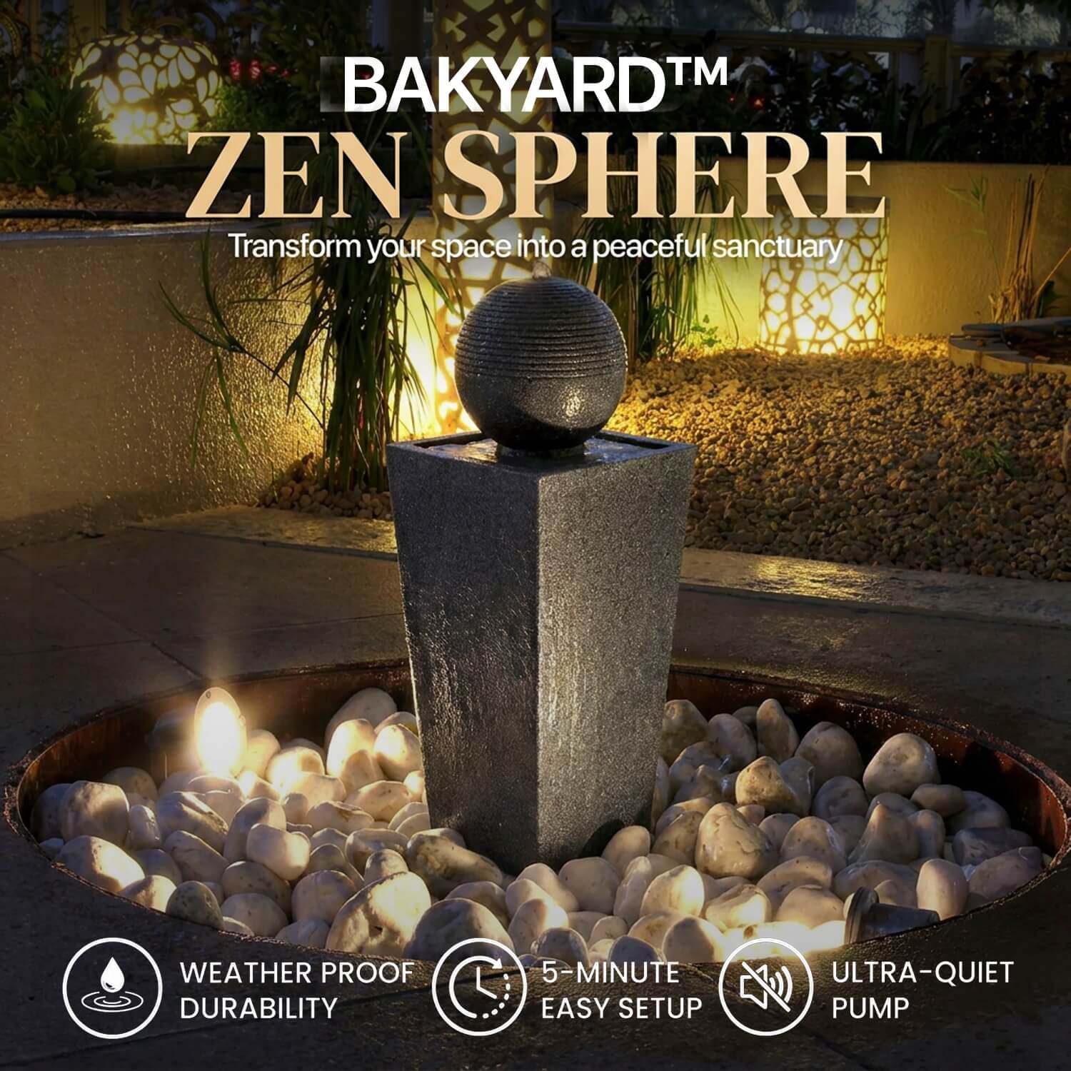 Zen Sphere stone-effect sphere water feature, 81cm tall