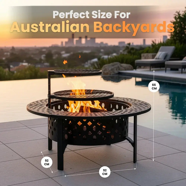 Bakyard Omnipit fire pit with solid metal table lid fitted