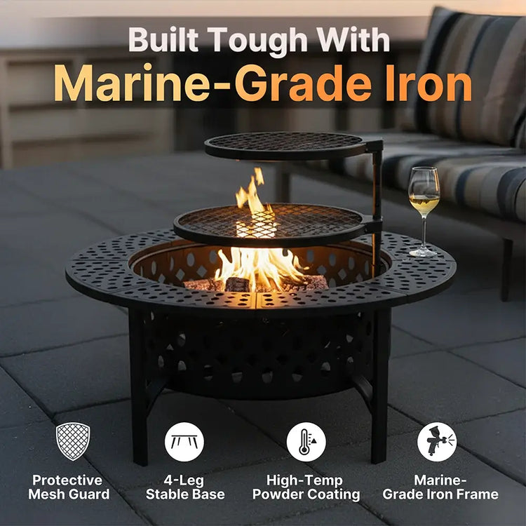 Bakyard Omnipit fire pit with two cooking grills