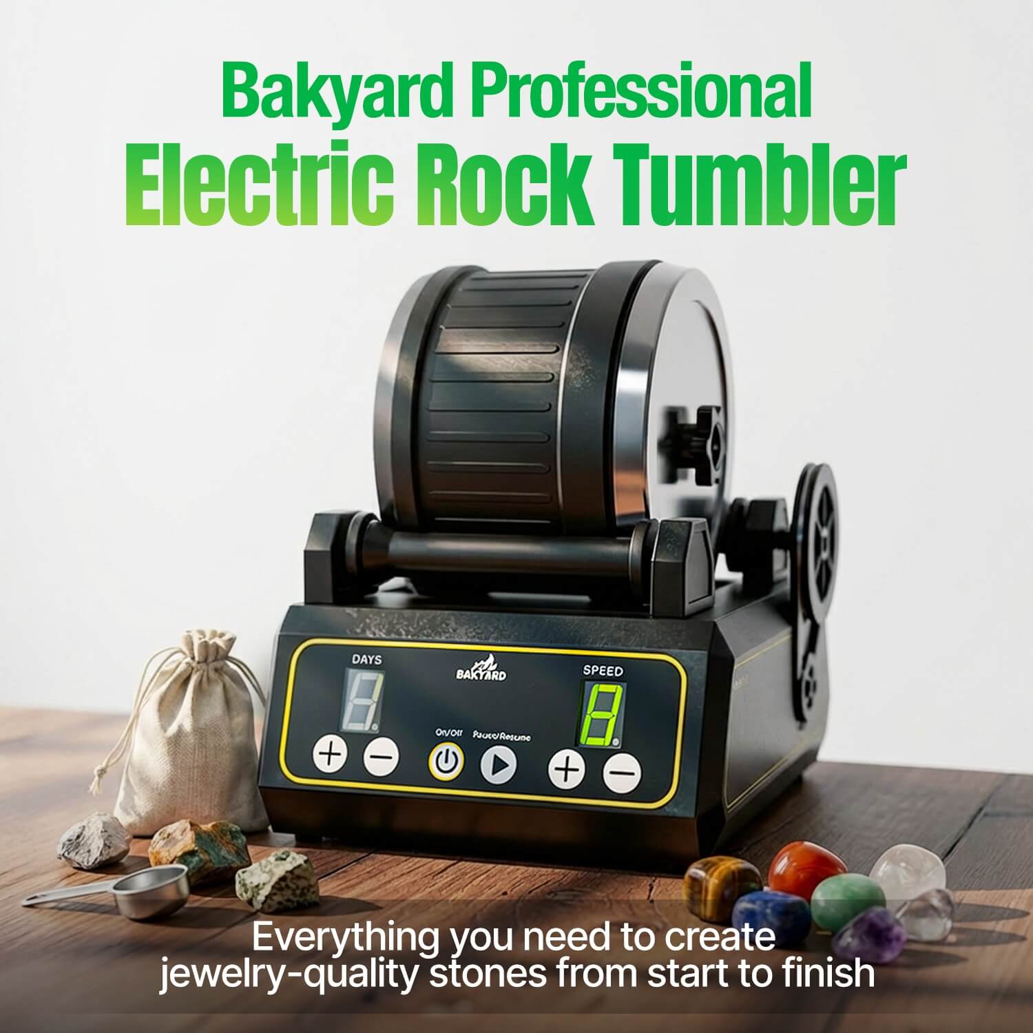 Bakyard professional electric rock tumbler kit with barrel, grit, rough gemstones and jewellery findings